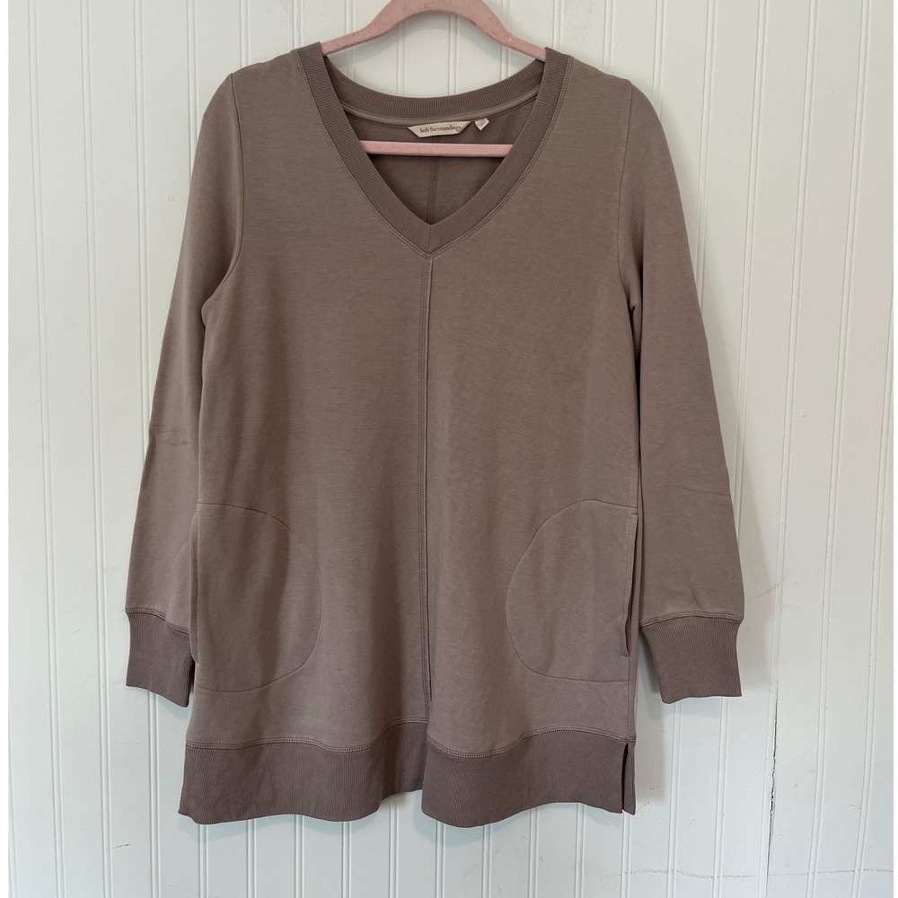 Soft Surroundings Top Womens Small V-Neck Tunic Sweatshirt Taupe Mauve Pockets